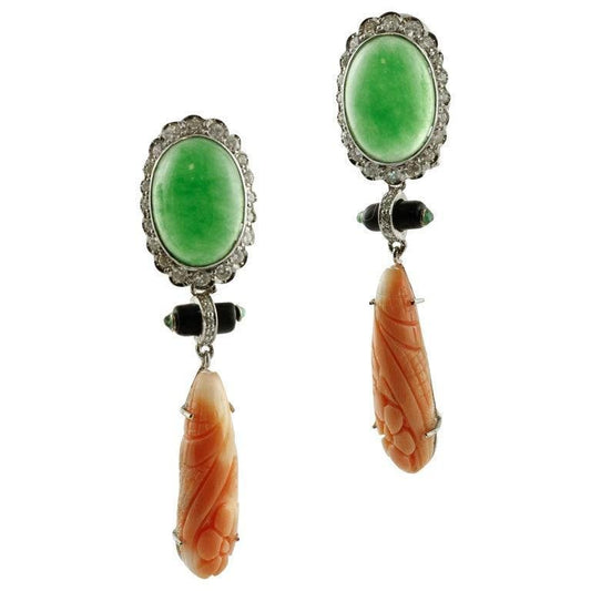 Antique Handcrafted Earrings in 14K Gold with Diamonds Emeralds Onyx Jade and Orange Engraved Coral