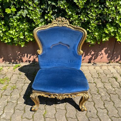 Antique Historicism Armchair in Blue Velvet with Gold Decorations-ALF-2033477