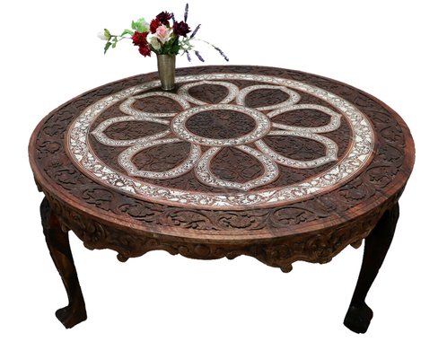 Antique Indian Anglo Wood Hand-Carved Round Dining Table, 1890s-UZN-2027863