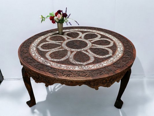 Antique Indian Anglo Wood Hand-Carved Round Dining Table, 1890s-UZN-2027863