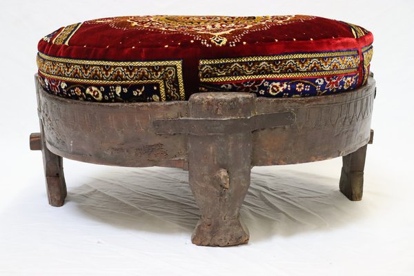 Antique Indian Hand Carved Chakki Rice Mill Stool or Ottoman, 1950s-UZN-1445055