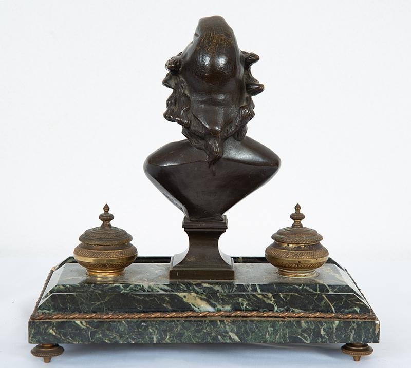 Antique Inkwell in Burnished Bronze and Green Alps Marble, France, 19th Century