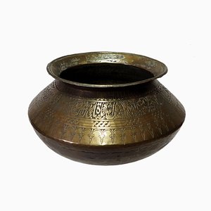 Antique Islamic Engraved Tinned Brass Bowl, 1890s-UZN-1408888