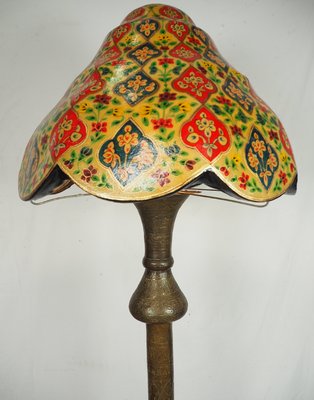 Antique Islamic Syrien Brass Floor Lamp with Hand Painted Camel Skin Leather Lampshade, 1930s-UZN-1433722