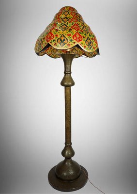 Antique Islamic Syrien Brass Floor Lamp with Hand Painted Camel Skin Leather Lampshade, 1930s-UZN-1433722