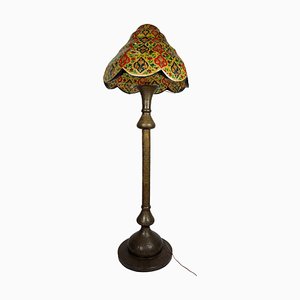 Antique Islamic Syrien Brass Floor Lamp with Hand Painted Camel Skin Leather Lampshade, 1930s-UZN-1433722