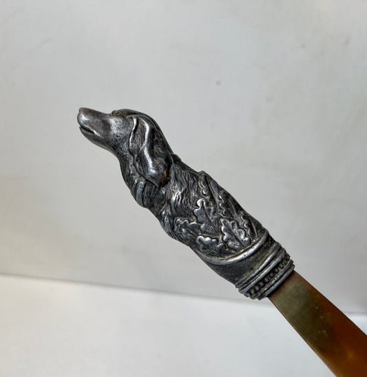 Antique Italian Brass Letter Opener with Dog Handle in Pewter