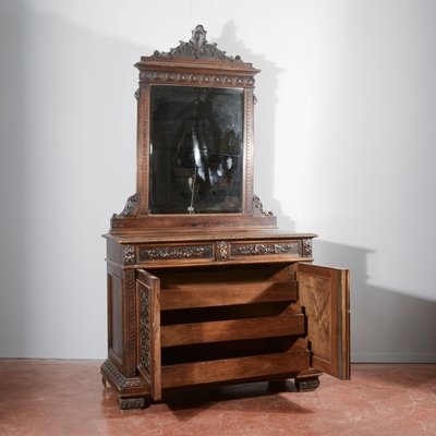 Antique Italian Credenza with Mirror in Carved Walnut, 1800s-RAQ-2016959