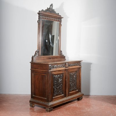 Antique Italian Credenza with Mirror in Carved Walnut, 1800s-RAQ-2016959