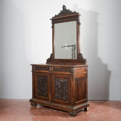 Antique Italian Credenza with Mirror in Carved Walnut, 1800s-RAQ-2016959