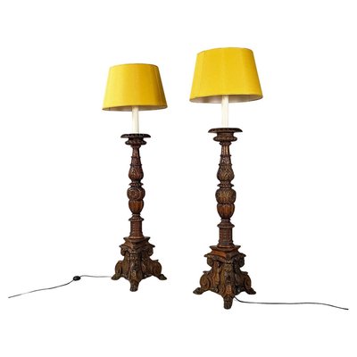 Antique Italian Floor Lamps in Carved Wood and Yellow Fabric, 1500, Set of 2-GDD-2034364