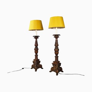 Antique Italian Floor Lamps in Carved Wood and Yellow Fabric, 1500, Set of 2-GDD-2034364