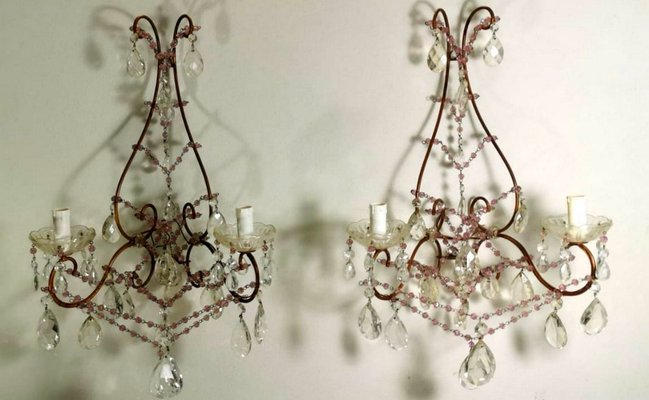 Antique Italian Gilt Bronze Lead Crystal Sconces, Set of 2-QRS-572151