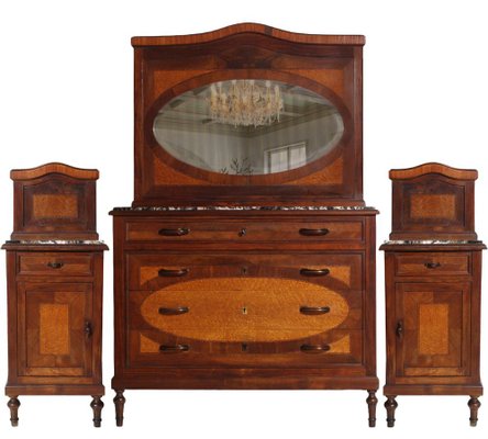 Antique Italian Marble Top Nightstands and Chest of Drawers Set, Set of 3-NJV-737593