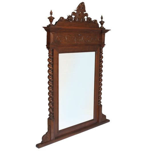 Antique Italian Renaissance Hand Carved and Turned Walnut Fireplace or Console Mirror from Ballario