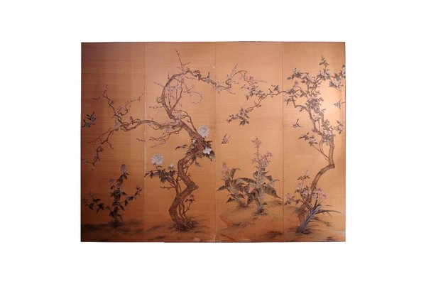 Antique Japanese Painted Silk Panel with Flowers and Birds Decor, 1900s-CEJ-626748