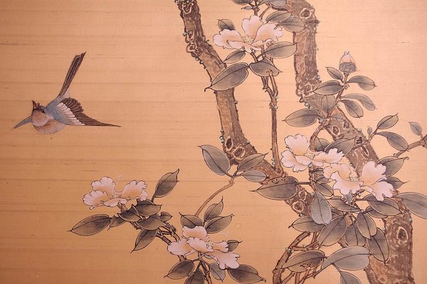 Antique Japanese Painted Silk Panel with Flowers and Birds Decor, 1900s-CEJ-626748