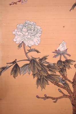 Antique Japanese Painted Silk Panel with Flowers and Birds Decor, 1900s-CEJ-626748