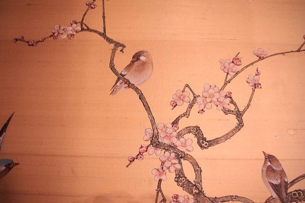 Antique Japanese Painted Silk Panel with Flowers and Birds Decor, 1900s-CEJ-626748