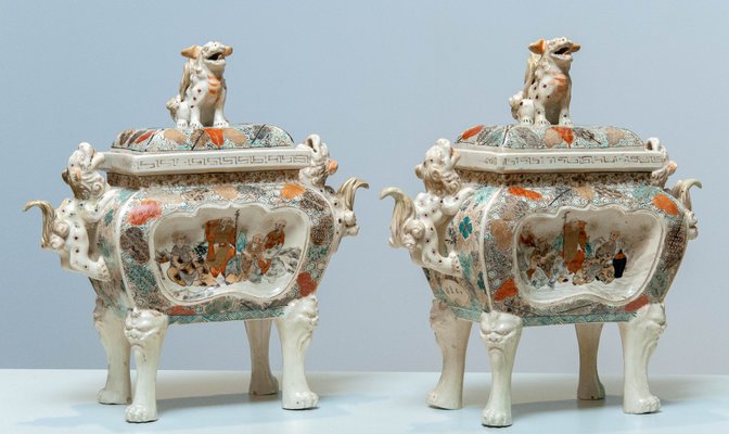 Antique Japanese Protected Ceramic Meiji Dog Urns by Satsuma, Set of 2-JE-1348426