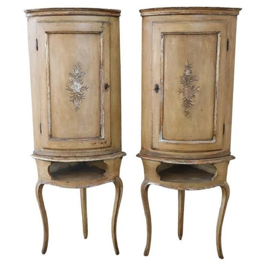 Antique Lacquered Poplar Wood Corner Cupboards, Set of 2