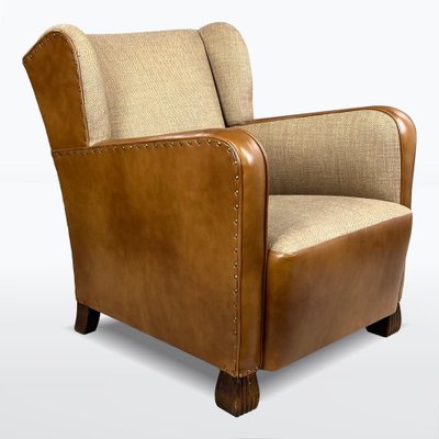 Antique Leather and Fabric Armchair with Ears, 1920s-XSL-2043379