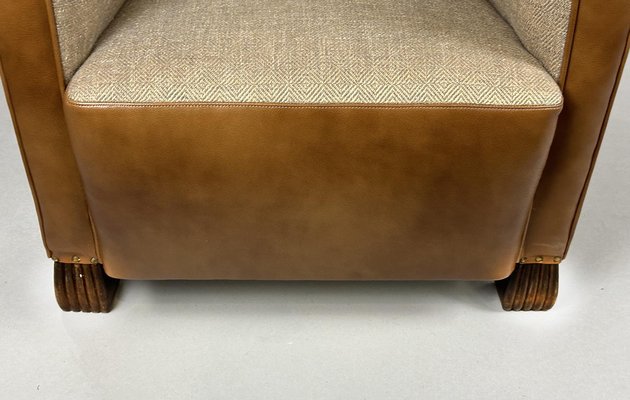 Antique Leather and Fabric Armchair with Ears, 1920s-XSL-2043379