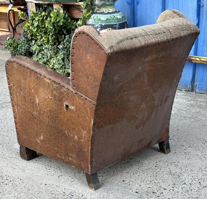 Antique Leather and Fabric Armchair with Ears, 1920s-XSL-2043379