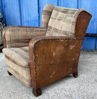 Antique Leather and Fabric Armchair with Ears, 1920s-XSL-2043379