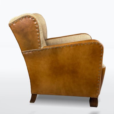 Antique Leather and Fabric Armchair with Ears, 1920s-XSL-2043379