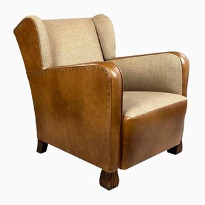 Antique Leather and Fabric Armchair with Ears, 1920s-XSL-2043379