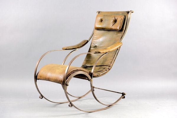 Antique Leather and Metal Rocking Chair by Peter, Cooper for R.W. Winfried-CIP-658781