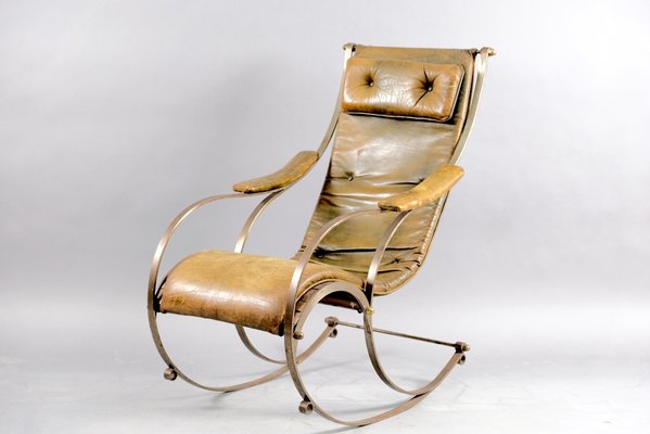 Antique Leather and Metal Rocking Chair by Peter, Cooper for R.W. Winfried-CIP-658781