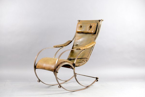 Antique Leather and Metal Rocking Chair by Peter, Cooper for R.W. Winfried-CIP-658781