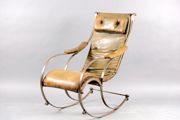 Antique Leather and Metal Rocking Chair by Peter, Cooper for R.W. Winfried-CIP-658781