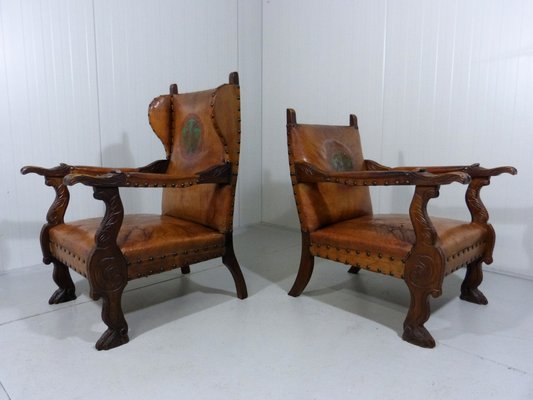 Antique Leather Armchairs with Carps Print, 1890s, Set of 2-TU-1709109