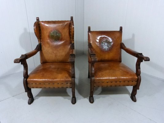 Antique Leather Armchairs with Carps Print, 1890s, Set of 2-TU-1709109