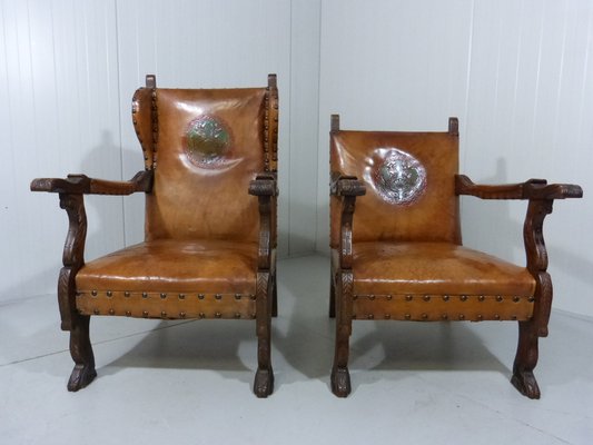 Antique Leather Armchairs with Carps Print, 1890s, Set of 2-TU-1709109