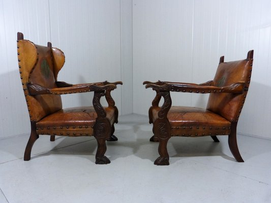 Antique Leather Armchairs with Carps Print, 1890s, Set of 2-TU-1709109