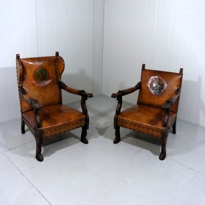 Antique Leather Armchairs with Carps Print, 1890s, Set of 2-TU-1709109