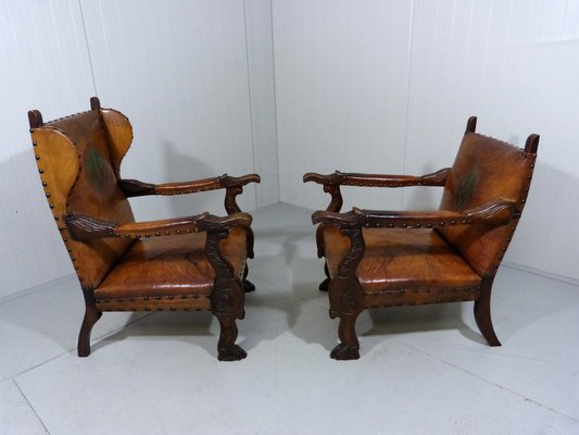 Antique Leather Armchairs with Carps Print, 1890s, Set of 2-TU-1709109