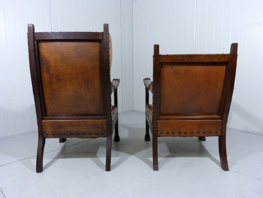 Antique Leather Armchairs with Carps Print, 1890s, Set of 2-TU-1709109