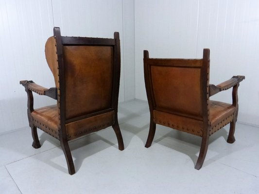 Antique Leather Armchairs with Carps Print, 1890s, Set of 2-TU-1709109