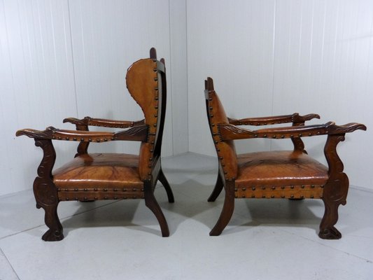 Antique Leather Armchairs with Carps Print, 1890s, Set of 2-TU-1709109