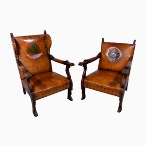 Antique Leather Armchairs with Carps Print, 1890s, Set of 2-TU-1709109