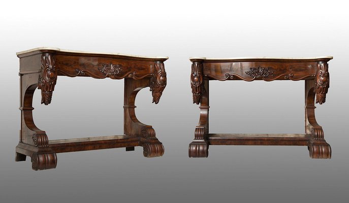 Antique Louis Philippe Console Tables in Mahogany with White Marble Tops, 19th Century, Set of 2-KKK-1796152