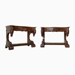 Antique Louis Philippe Console Tables in Mahogany with White Marble Tops, 19th Century, Set of 2-KKK-1796152