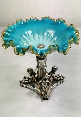 Antique Louis Philippe Style French Silver Plated and Blue Opaline Glass Centerpiece-QRS-578359