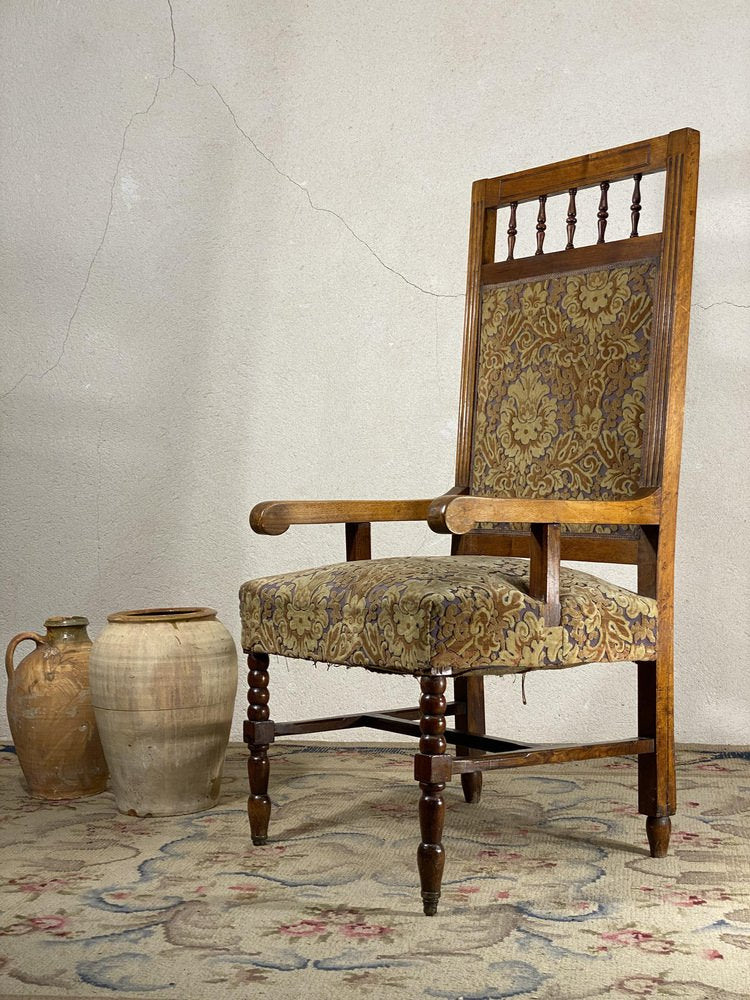 Antique Louis XIV Oak Armchair with Velvet Upholstery, 18th Century