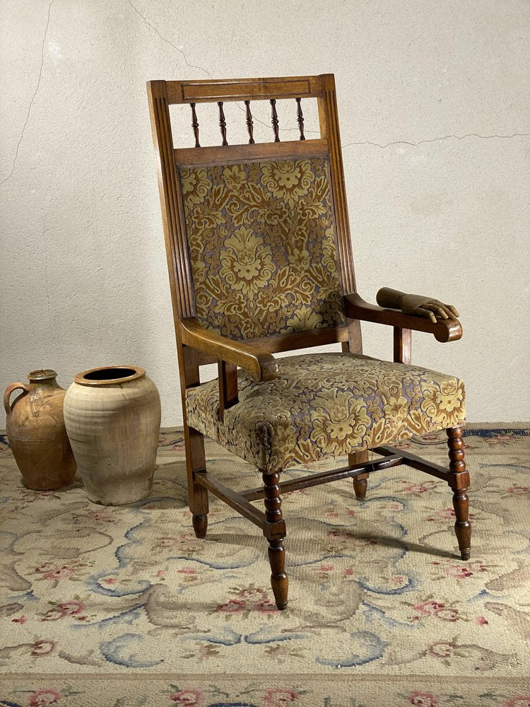 Antique Louis XIV Oak Armchair with Velvet Upholstery, 18th Century